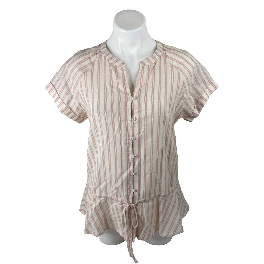 Cotton Bleu Women Small Striped Button Front Blouse Drawstring Waist White Pink